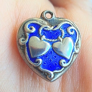 Vintage Enamel Walter Lampl Double Intwined  Puffy Heart Sterling Silver Bracelet Necklace Charm