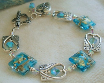 Magical Waters Glass Lampwork Sterling Silver Heart Crystal Vintage Puffy Heart Bracelet dmfsparkles