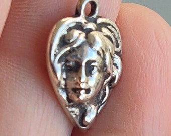 Vintage 3d Victorian Lady Puffy Heart Sterling Silver Bracelet Necklace Charm