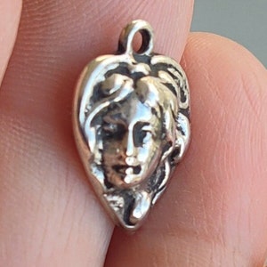 Vintage 3d Victorian Lady Puffy Heart Sterling Silver Bracelet Necklace Charm
