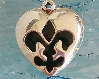 Vintage Enamel FLEUR DE LIS Puffy Heart Sterling Silver Bracelet Necklace Charm