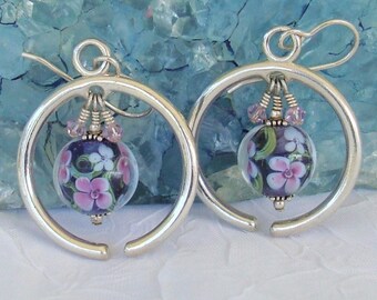 Midnight Blooms Lampwork Sterling Silver Crystal Hoop Earrings dmfsparkles