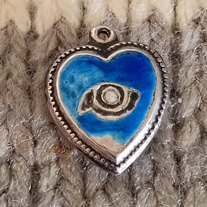 Vintage Super RARE Enamel Blue Evil Eye Puffy Heart Sterling Silver Bracelet Necklace Charm