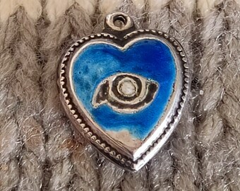 Vintage Super RARE Enamel Blue Evil Eye Puffy Heart Sterling Silver Bracelet Necklace Charm