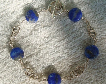 Lapis Stone Sterling Silver Wire Wrapped Link Bracelet