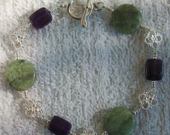 Amethyst & Agate Sterling Silver Wire Wrapped Link Bracelet