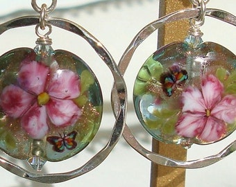 Lampwork Sterling Earrings Pink  Passion and Butterflies Silver Crystal Hoop dmfsparkles