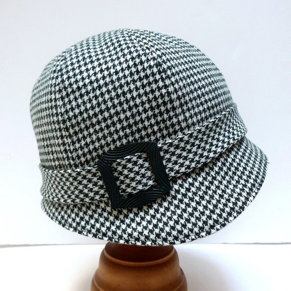RESERVED - Cloche Hat in Green Houndstooth Wool Check