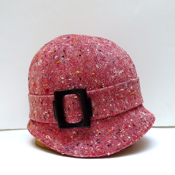 1920s Cloche in Vintage Red Tweed with Black Buckle - Made to Order - 3 Weeks to Ship