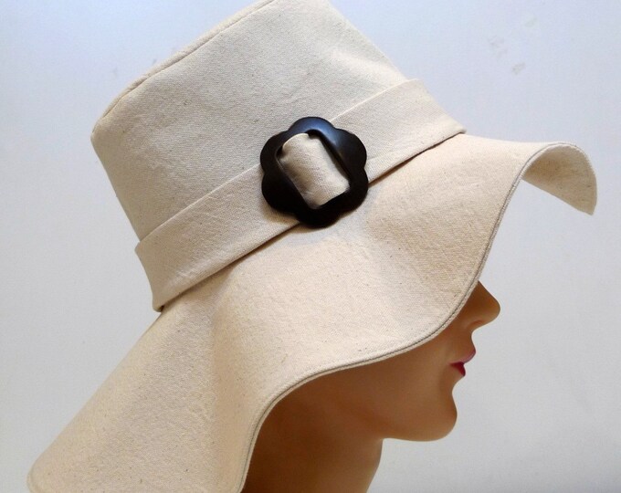 Wide Brimmed Canvas Sun Hat With Vintage Flower Buckle Made Etsy