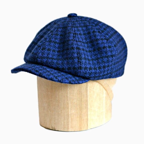 Men's Newsboy Cap in Blue and Black Check Wool Made to Etsy