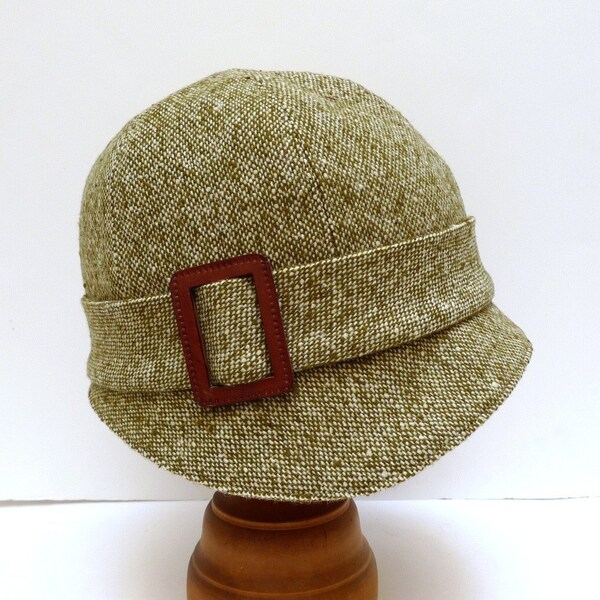 1920s Cloche in Olive Green and White Tweed with Leather Buckle - Made to Order