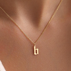 14K Old English Letter Necklace • Lower Case Gothic Font Initial Pendant • Solid Gold Old English Jewelry • Personalized Birthday Gift Her