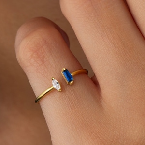 Anello con doppia pietra portafortuna in oro massiccio, anello con pietra portafortuna aperta 14K con due pietre, anello con 2 pietre taglio baguette e marquise, regalo di compleanno per la mamma