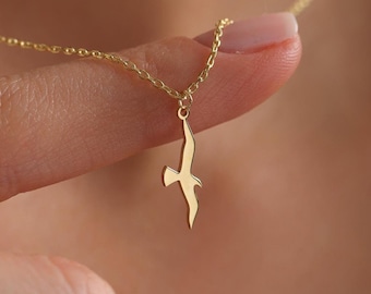 Dainty Seagull Necklace Gold • 14K Solid Gold Soaring Bird Necklace, Flying Bird Silhouette Pendant, Bird Charm Jewelry, Birthday Gift