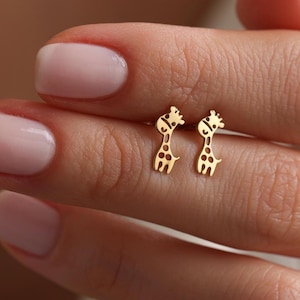 14K Gold Giraffe Stud Earrings • Mother's Day Gift for Mom • Dainty Solid Gold Animal Earrings for Women • Cute Giraffe Jewelry for Girls