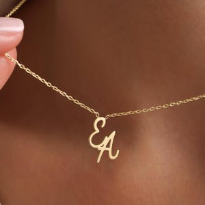 14K Solid Gold Double Initial Necklace, Custom 2 Letter Necklace for Couples, Personalized Jewelry for Valentine's Day,  Mother of Two Gift