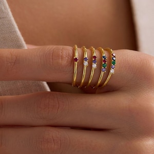 14K Gold Birthstone Stacking Ring • Stackable Minimal Birthstone Band • Personalized Solid Gold Family Jewelry for Grandma and Mom
