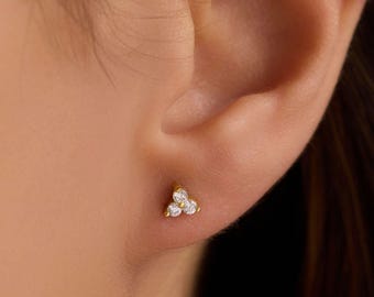 14K Gold Tiny Three Dot Stud Earrings • Minimalist Cluster Stud Earrings • Solid Gold Jewelry for Women