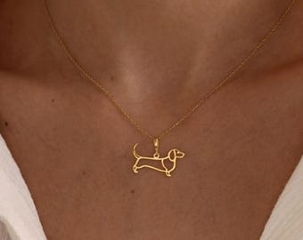 14K Solid Gold Dachshund Charm Necklace • Minimalist Weiner Dog Necklace Jewelry, Cute Sausage Dog Pendant, Memorial Gift for Weiner Dog Mom