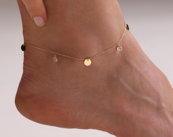 14K Solid Gold Sequin Anklet for Women, Beaded Disc Chain Ankle Bracelet for Dancing, Dangling Anklet with Gemstones, Jewelry for Beach
