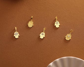 14K Gold Hamsa Pendants for Necklace • Real Solid Gold Hamsa Hand Charms • Real Gold Hand of Fatima Pendants • Handmade Jewelry Making Charm