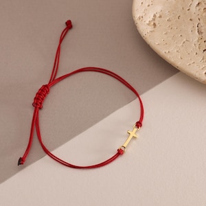 14K Solid Gold Cross Bracelet With Red String • Slider Cord Bracelet with Catholic Cross • Christian Jewelry • Religious Gift for Birthday