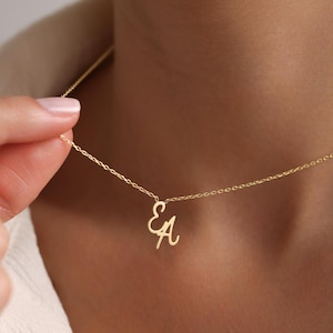 Collar con inicial doble de oro macizo de 14 quilates, collar personalizado de 2 letras para parejas, joyería de aniversario personalizada, regalo para madre de dos hijos