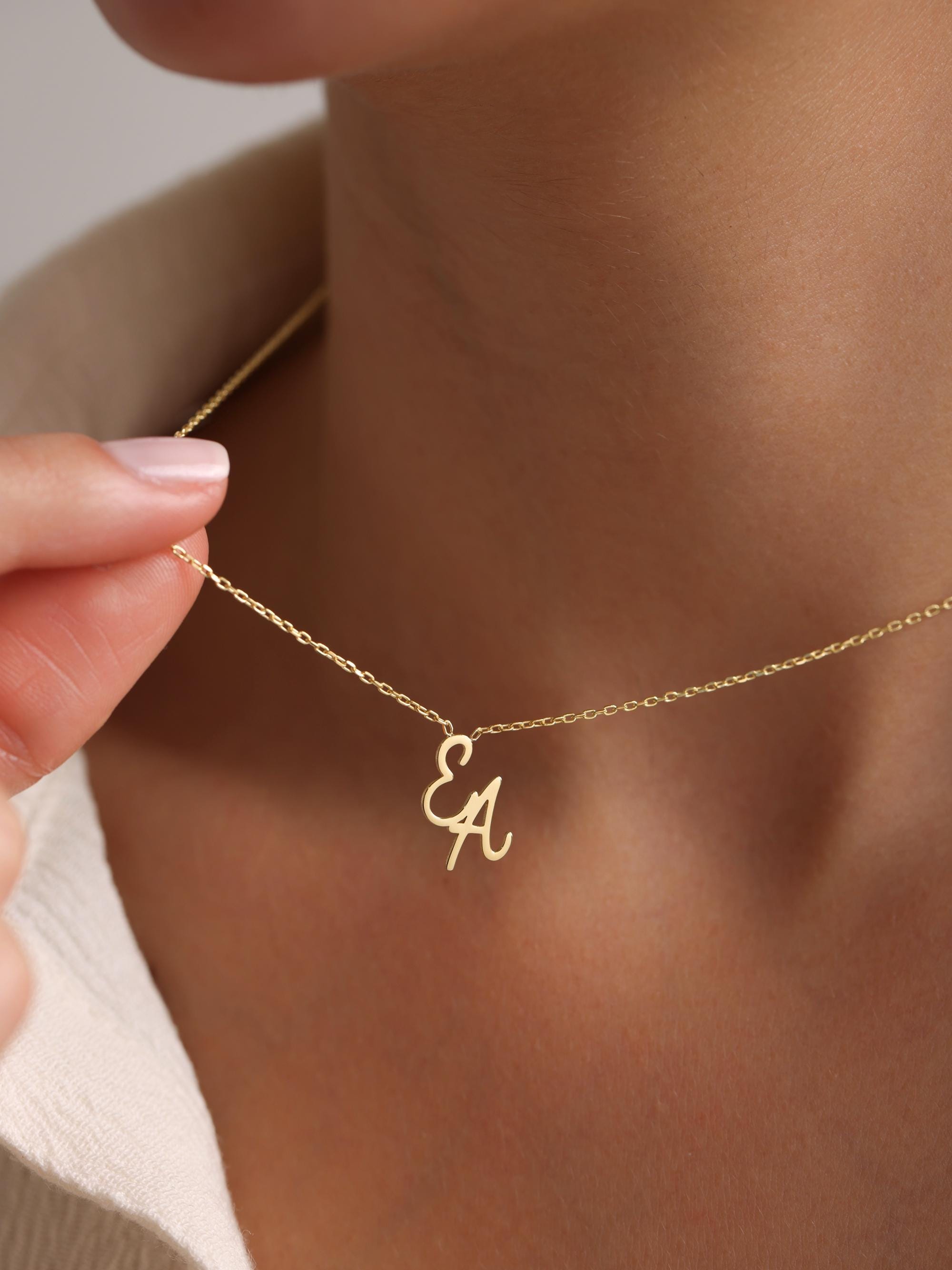 14K Solid Gold Double Initial Necklace, Custom 2 Letter Necklace for Couples, Personalized Anniversary Jewelry, Gift for Mother of Two