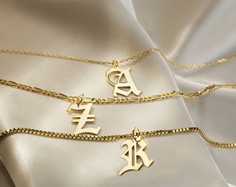 14K Solid Gold Old English Initial Necklace, Gothic Letter Necklace, Personalized Birthday Day Gift Ideas, 14K Gothic Font Jewelry for Women