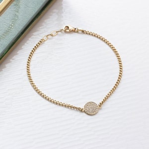14K Gold Pave Disc Bracelet • Dainty Circle Charm Bracelet for Women • Solid Gold Diamond Bracelet, Birthday Gift for Her, Everyday Jewelry