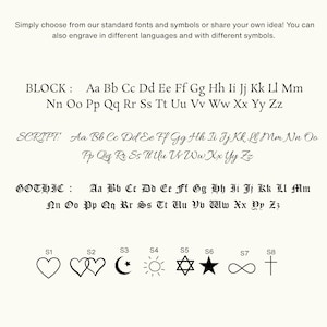 May include: Image showcasing font styles and symbols for engraving. Includes Block, Script, and Gothic fonts, along with various symbols like hearts, a crescent moon, a star, and an infinity symbol. The text encourages customers to share their ideas.