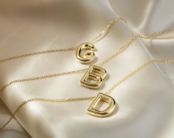 14K Gold Balloon Letter Necklace • Solid Gold Bubble Letter Pendant • Bubble Initial Necklace Women • Personalized Jewelry for Birthday Gift