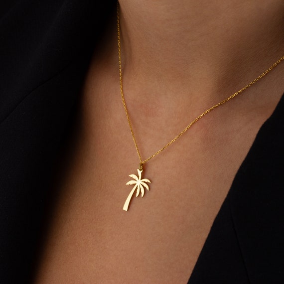 14K Gold Palm Tree Necklace • Solid Gold Palm Tree Charm Necklace