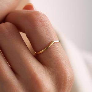 14K Solid Gold Wishbone Ring, Stackable Chevron Ring, Dainty V Ring, Curved Wedding Band For Women, Contoured Ring, Minimalist Jewelry