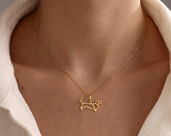 14K Solid Gold Dachshund Charm Necklace • Minimalist Weiner Dog Necklace Jewelry, Cute Sausage Dog Pendant, Memorial Gift for Weiner Dog Mom