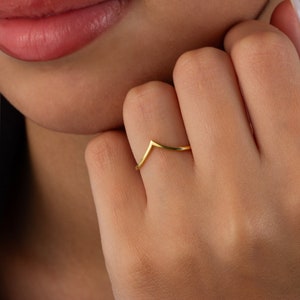 14K Solid Gold Chevron Ring, Stackable Wishbone Ring For Women, Deep V Shaped Wedding Band, Dainty Contoured Curved Ring, Boho Jewelry