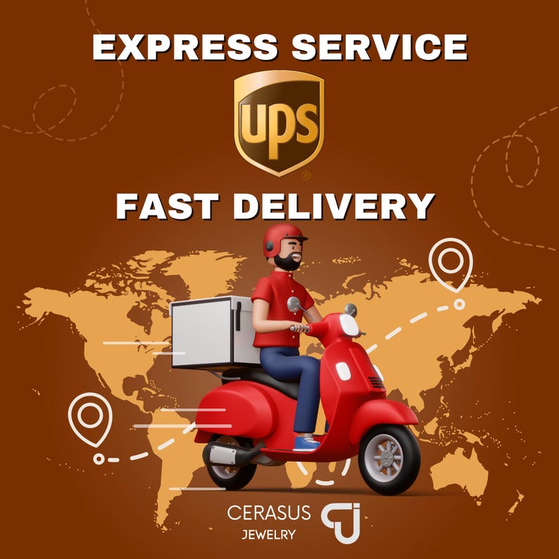 May include: An illustration promoting express service and fast delivery. A delivery person in a red uniform and helmet rides a red scooter with a white delivery box. The UPS logo is featured, along with the text "EXPRESS SERVICE" and "FAST DELIVERY".