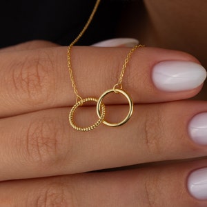 Solid Gold Interlocking Circle Necklace, 14K Gold Double Circle Necklace, Infinity Circle Necklace, Eternity Jewelry, Mother Daughter Gifts