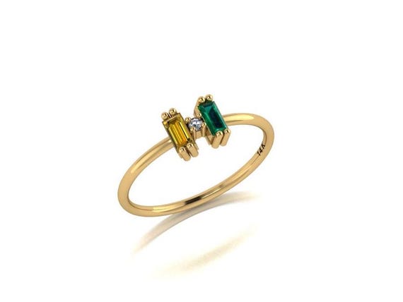 14K Solid Baguette Birthstone Ring with Multiple Stones, Personalized Birthday Gift Mom, Family Ring for Grandma, 2, 3, 4, 5 Birthstone Ring