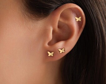 14K Solid Gold Butterfly Stud Earrings • Dainty Flying Butterflies Earrings • Birthday Gift for Women • Minimalist Everyday Jewelry