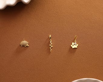 14K Solid Gold Tier Anhänger für Halskette • Echtes Gold Igel, Schlange und Pfotenabdruck Anhänger für die Schmuckherstellung • Minimalist Gold Anhänger