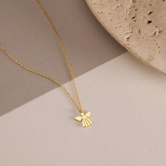 14K Solid Gold Angel Necklace – Minimalist Dainty Remembrance Jewelry - Memorial Gift for Her