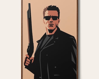 May include: A framed graphic art print featuring a stylized illustration of a person with short dark hair wearing black sunglasses and a black jacket. The figure holds a long black shotgun in one hand against a solid light tan background.