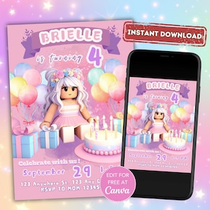 Pink Roblox Birthday Invitation: Royal Girl Party (Canva Template)