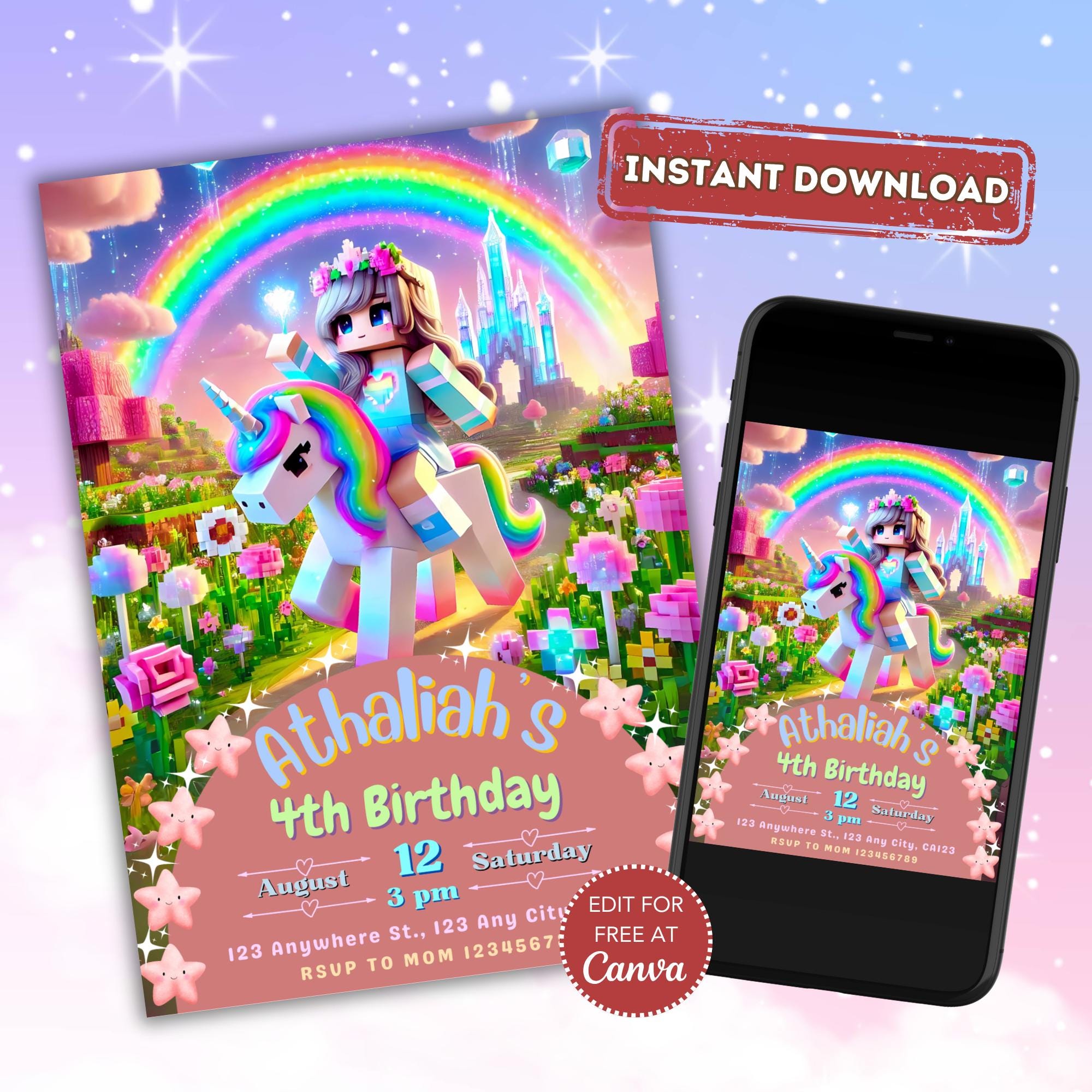 Minecraft Girl Unicorn Rainbow Invite