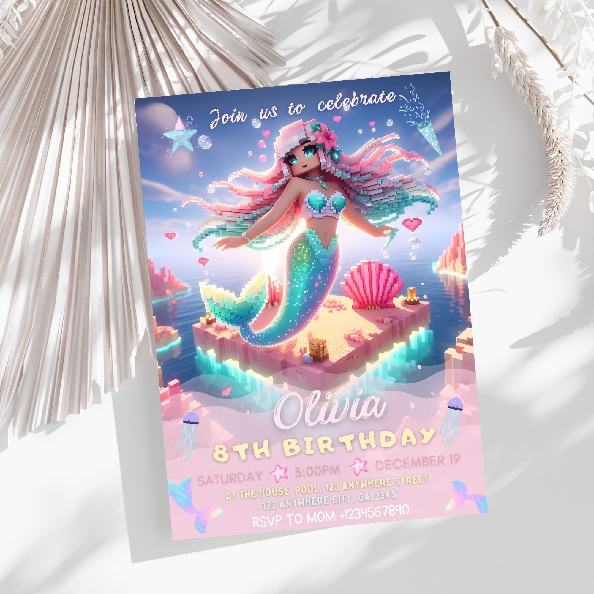 Mermaid Minecraft Birthday Invite