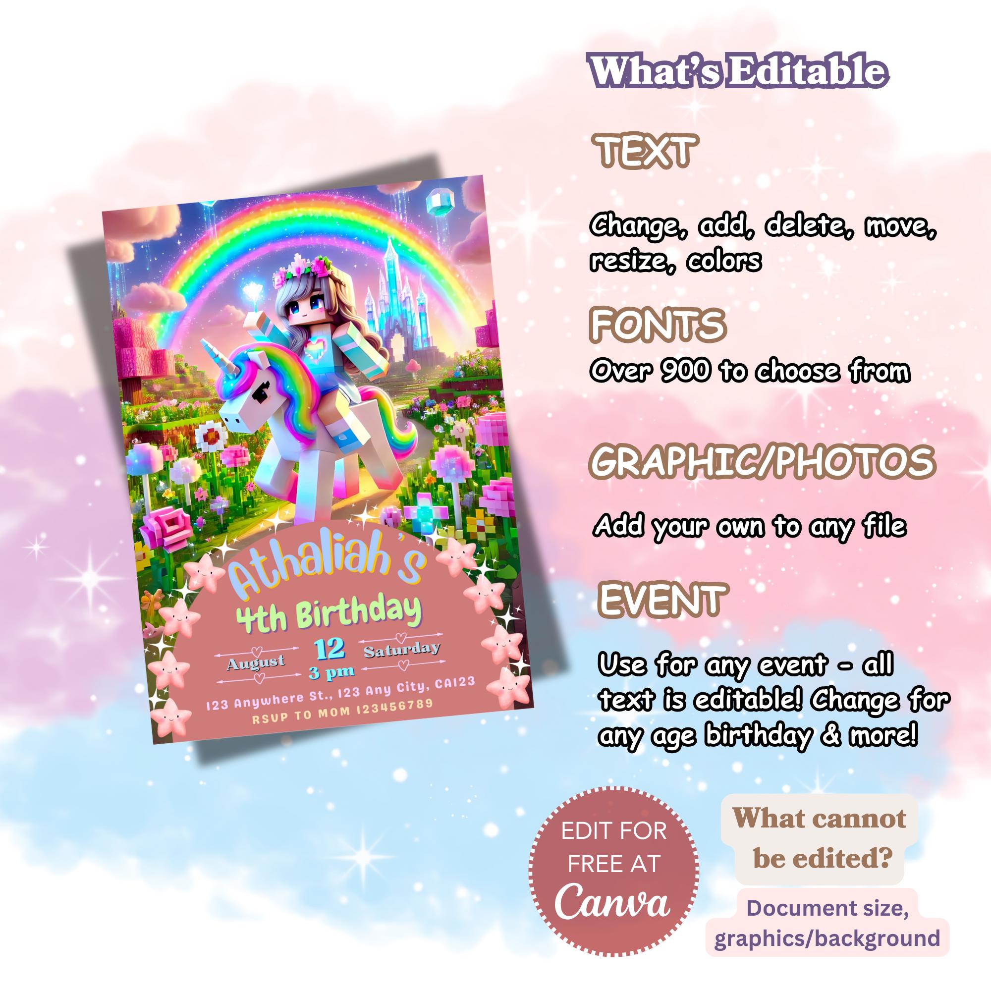Minecraft Girl Unicorn Rainbow Invite