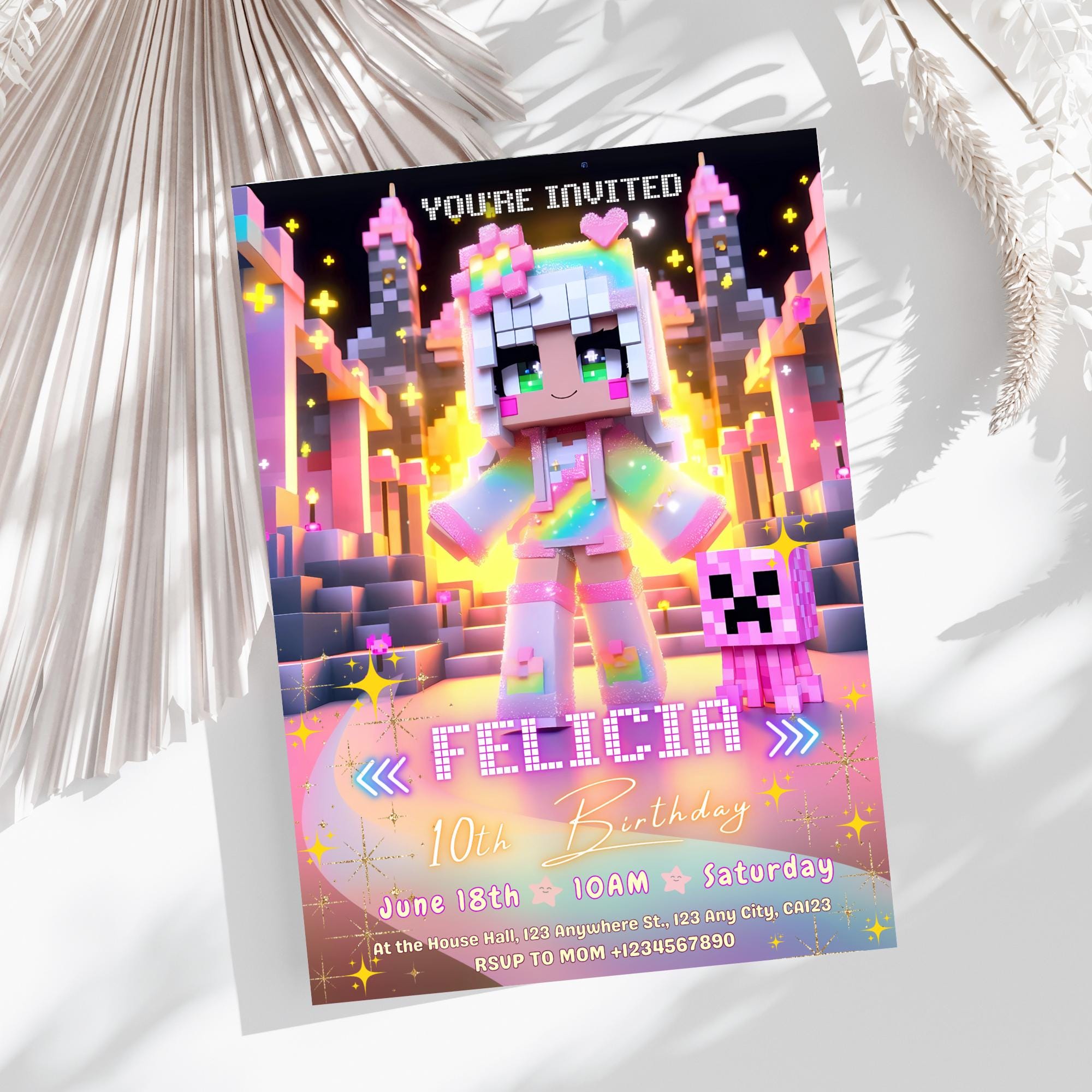 Whimsical Minecraft Girl Invite – Editable Canva Template