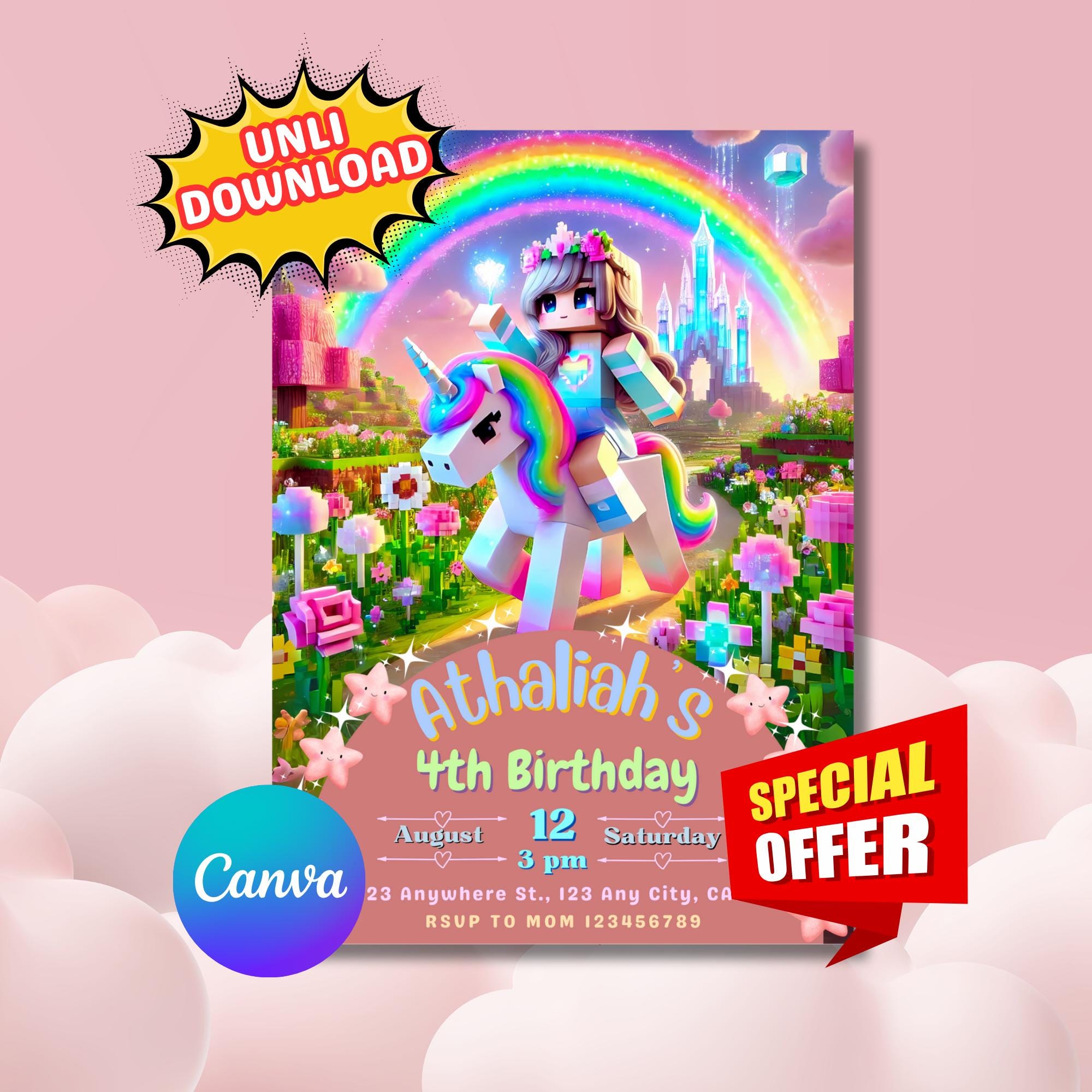 Minecraft Girl Unicorn Rainbow Invite